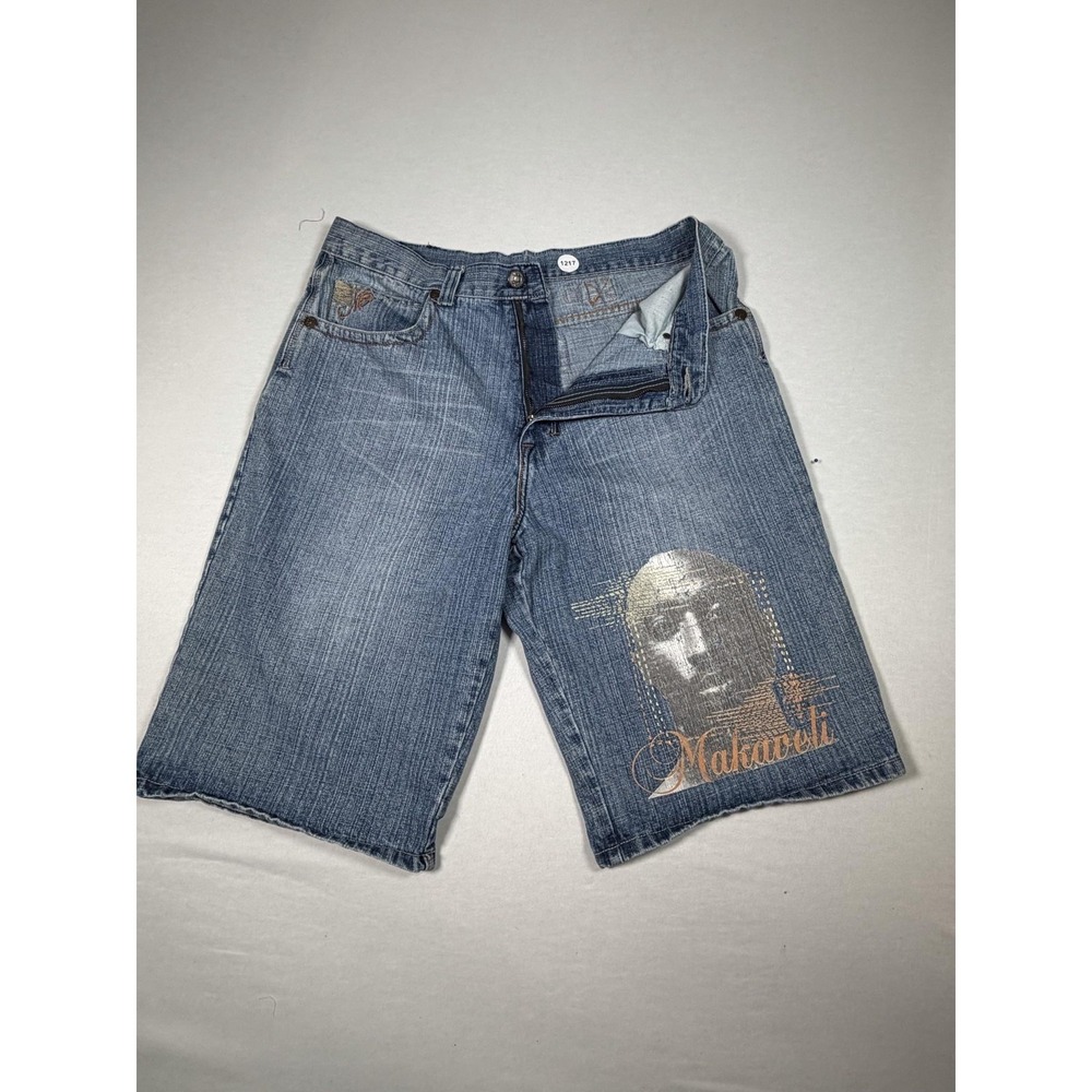 Makaveli Branded Shorts Mens 36 Blue Denim Graphic Bermuda Hip Hop‎ Casual